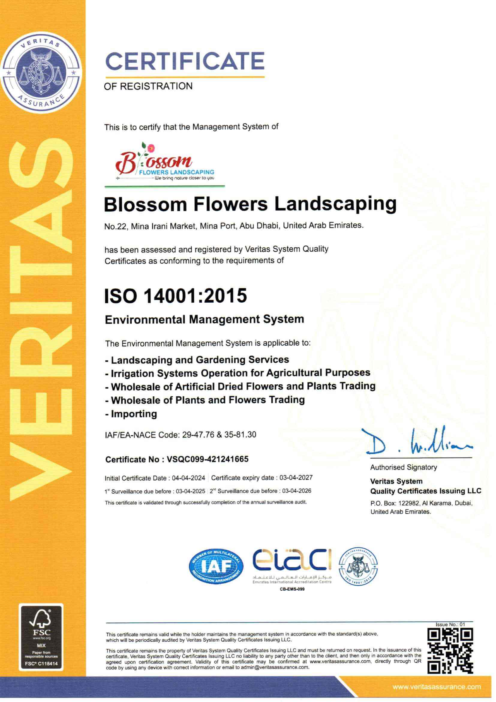 ISO certificate for Environmental Management System