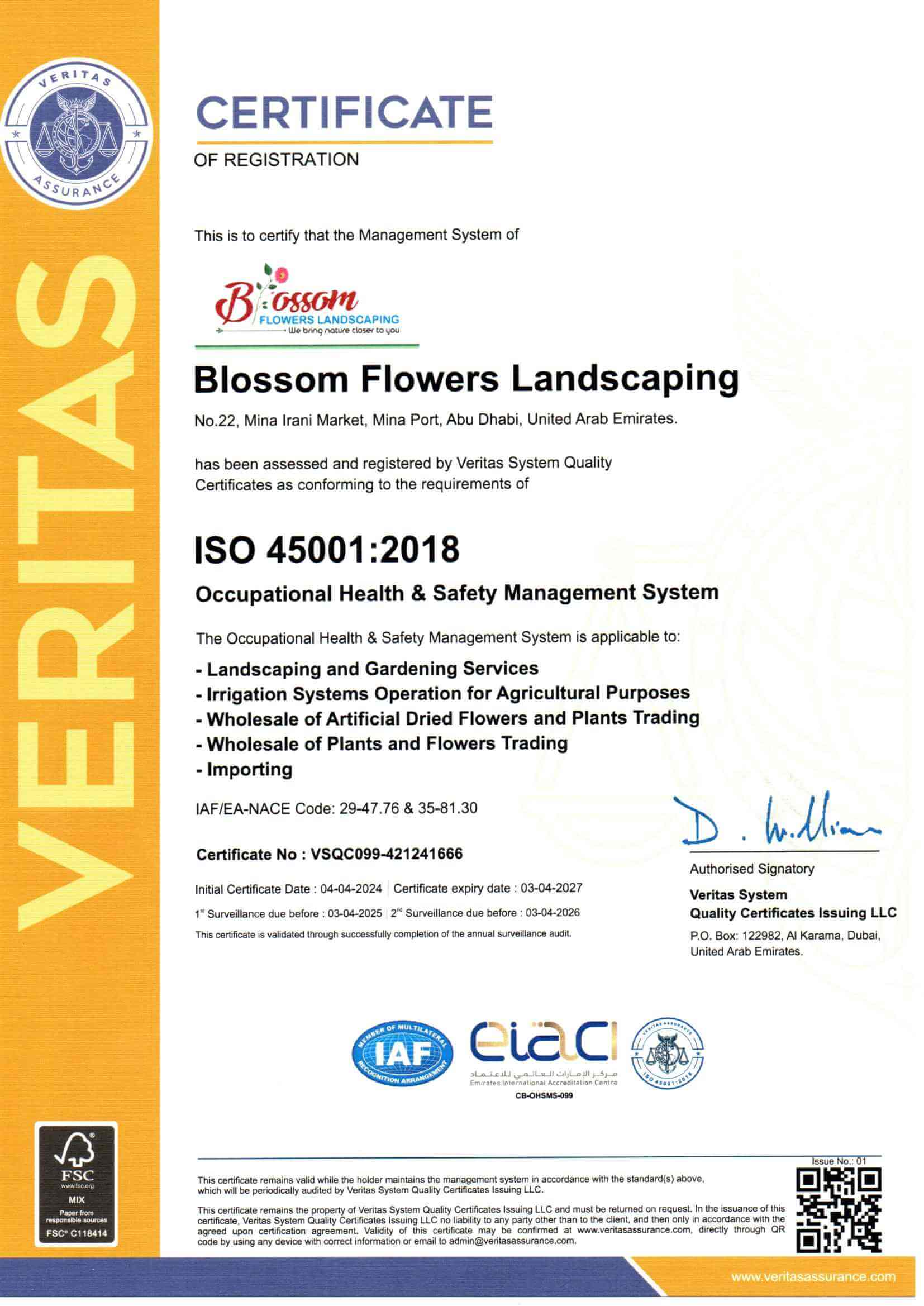 ISO certificate for Occupational Health & Safety Management System